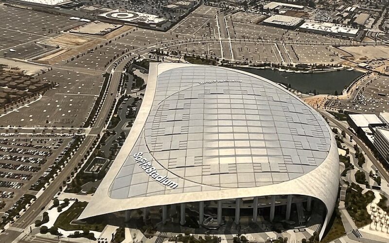 Aerial view of SoFi Stadium and surrounding parking areas in Inglewood in July 2022
