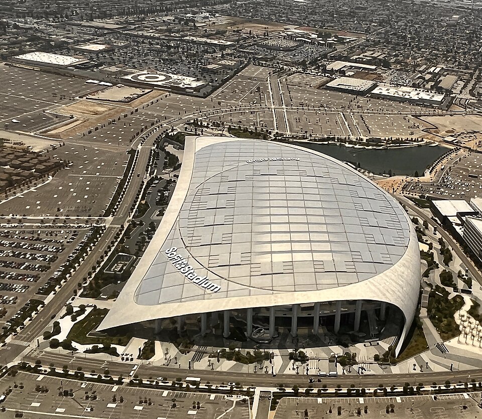 Aerial view of SoFi Stadium and surrounding parking areas in Inglewood in July 2022