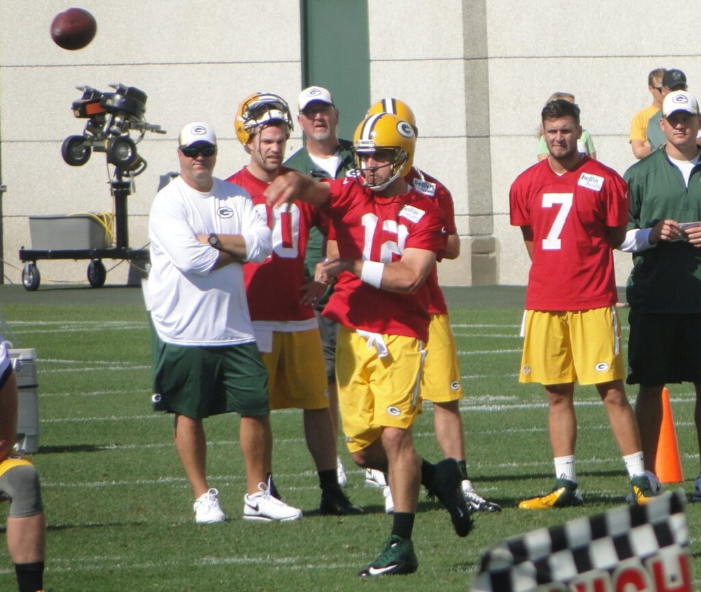 Green Bay Packers quarterback Aaron Rodgers throws a pass at training camp in 2014