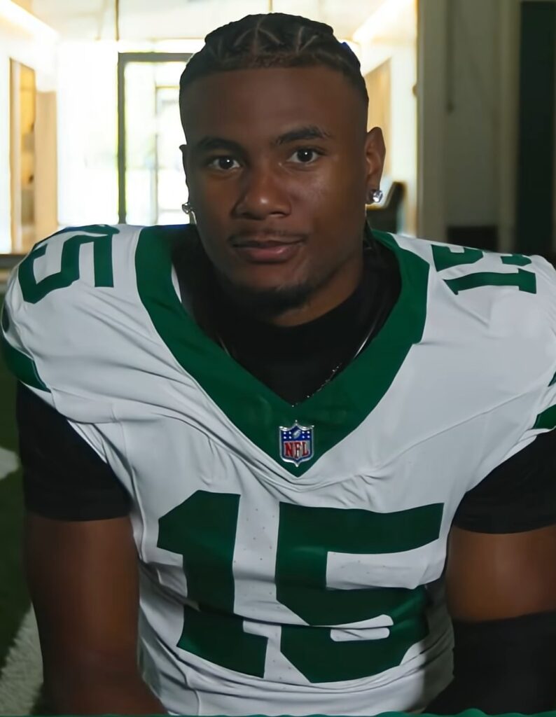 New York Jets wide receiver Adonai Mitchell speaking during a team media session