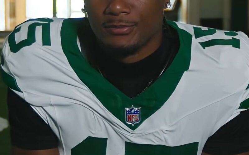 New York Jets wide receiver Adonai Mitchell speaking during a team media session