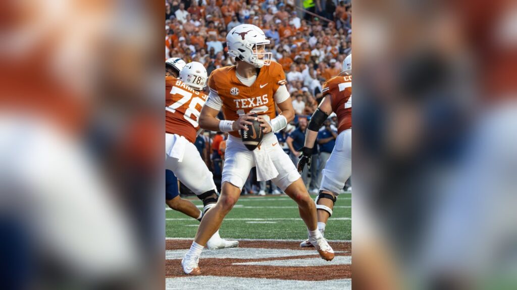 Texas quarterback Arch Manning drops back to pass at Darrell K Royal-Texas Memorial Stadium in Austin.
