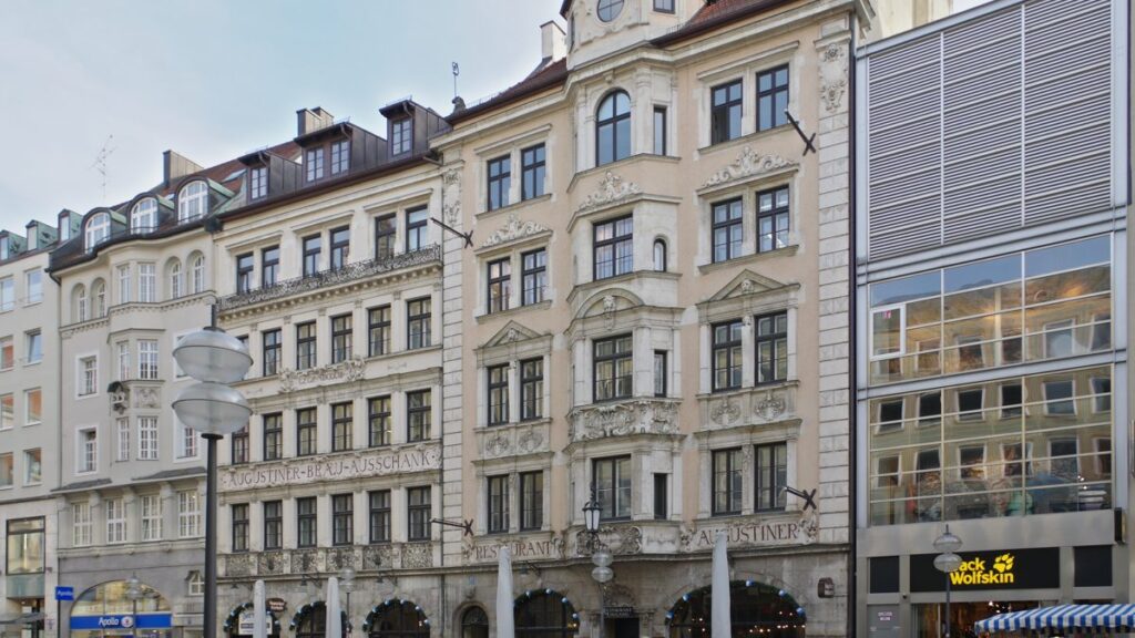 The facade of the Augustiner Stammhaus beer hall on Neuhauser Straße in Munich