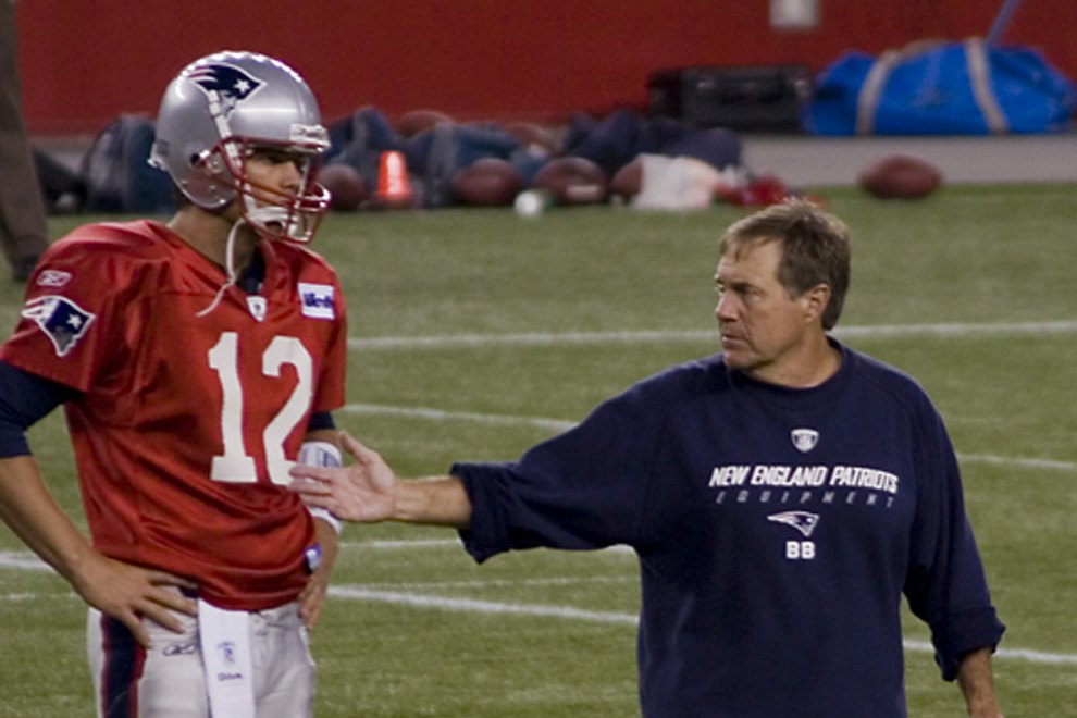 Bill Belichick and Tom Brady at a Patriots practice in August 2009