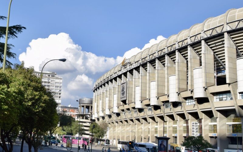 Exterior view of Santiago Bernabéu Stadium in Madrid, Spain