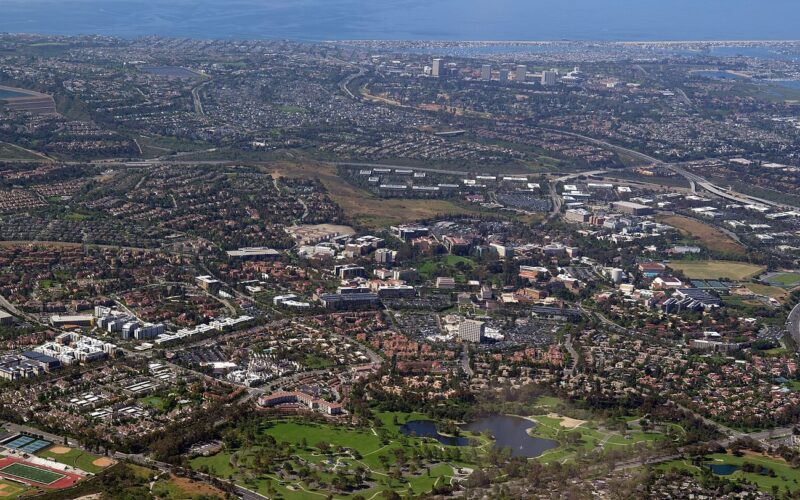 Aerial view of UC Irvine with Newport Beach in the background
