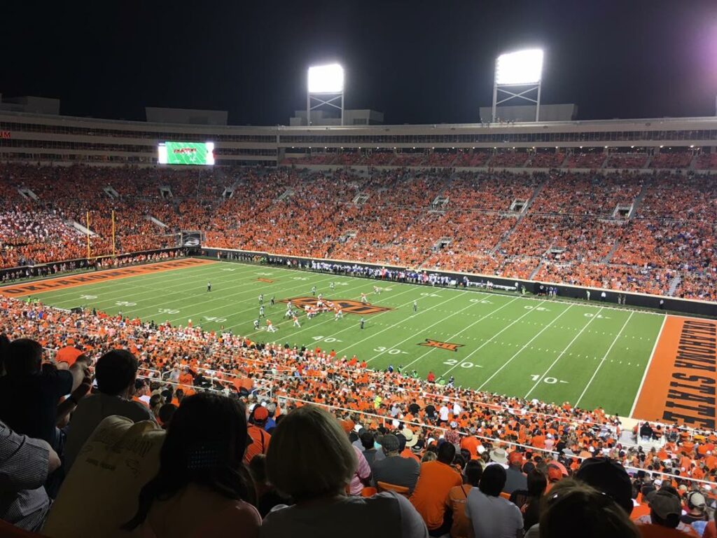 Boone Pickens Stadium at night, home of Oklahoma State football.