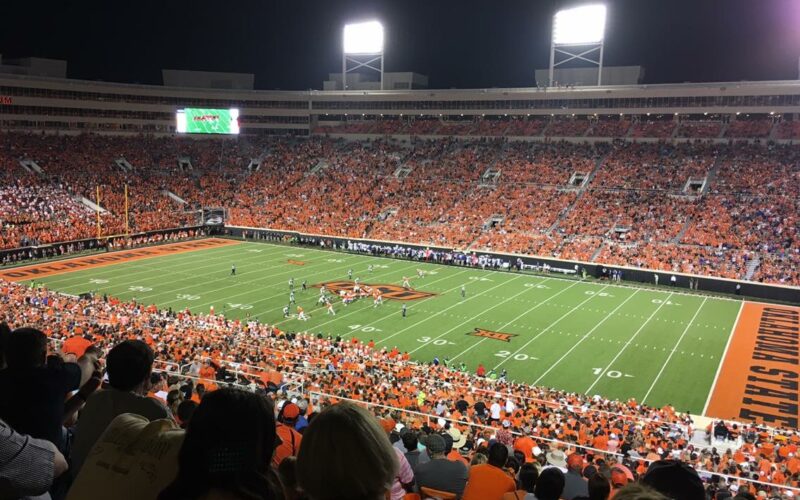 Boone Pickens Stadium at night, home of Oklahoma State football.