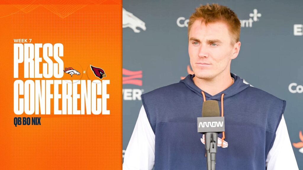 Bo Nix at a Denver Broncos press conference before Week 7 against the Arizona Cardinals