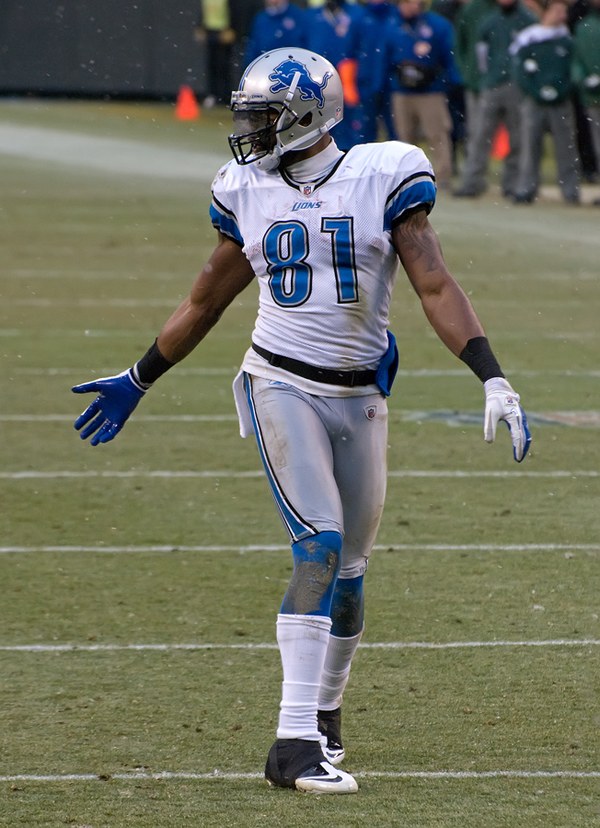 Detroit Lions receiver Calvin Johnson in a white number 81 jersey and silver helmet standing on the field with his arms out