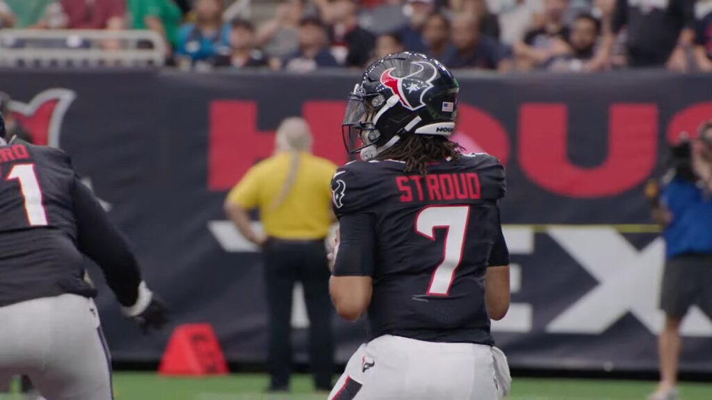 Houston Texans quarterback C.J. Stroud, No. 7, drops back at NRG Stadium
