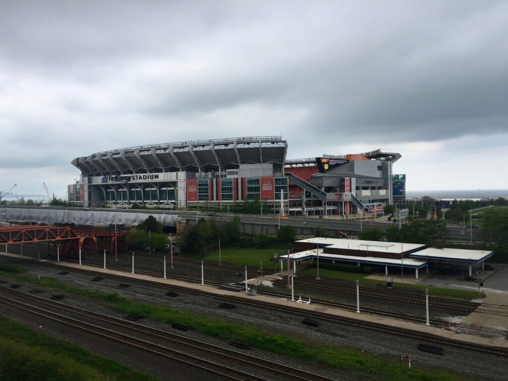 Exterior of Cleveland's lakefront football stadium with FirstEnergy Stadium signage in May 2018