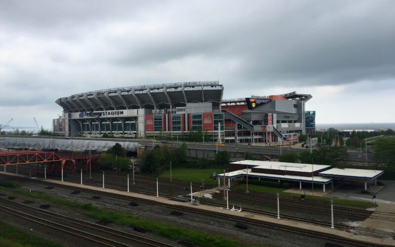 Exterior of Cleveland's lakefront football stadium with FirstEnergy Stadium signage in May 2018