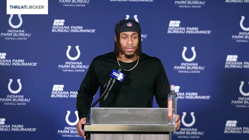 Colts running back Jonathan Taylor speaks at a press conference about trade speculation