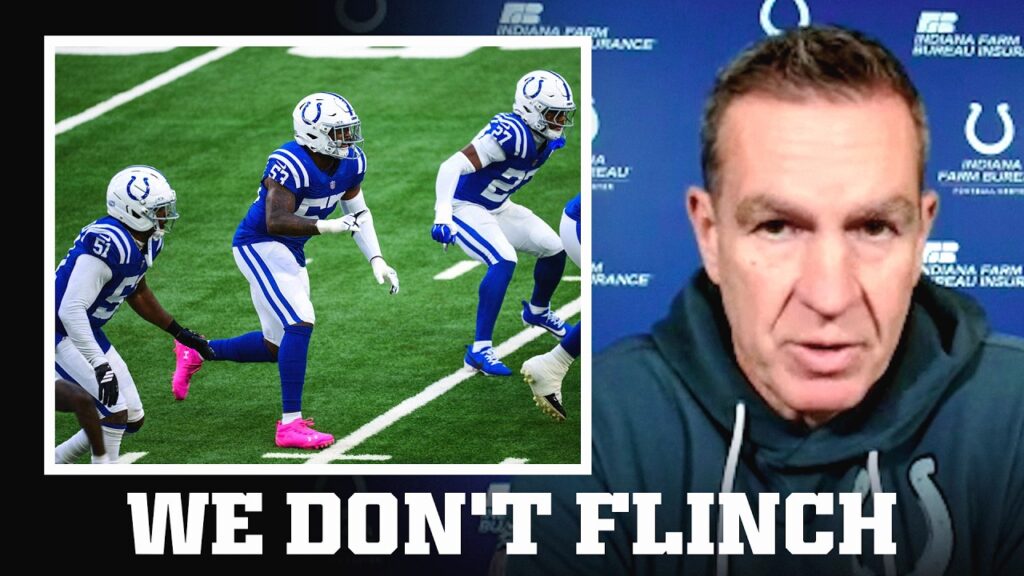 Colts defensive coordinator Lou Anarumo speaking to reporters, video graphic, October 20, 2026
