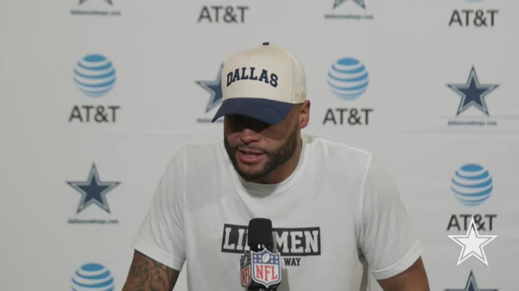 Dak Prescott speaks at his postgame news conference after the Cowboys beat the Eagles
