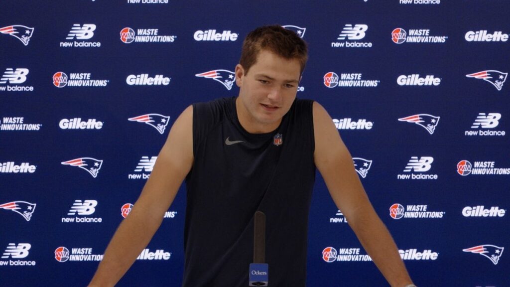 Drake Maye speaks at a Patriots press conference on October 14, 2026