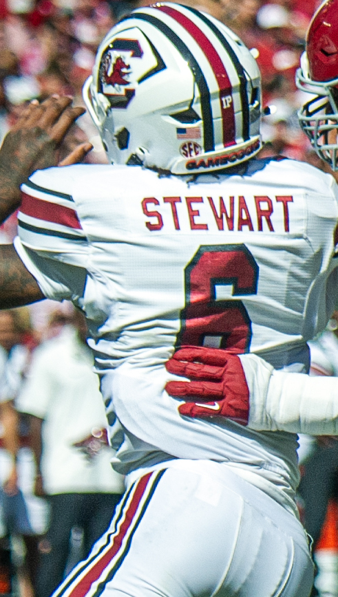 South Carolina edge rusher Dylan Stewart, No. 6, in a white Gamecocks uniform during the 2024 game at Alabama.