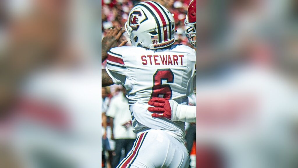 South Carolina edge rusher Dylan Stewart, No. 6, at Alabama in October 2024