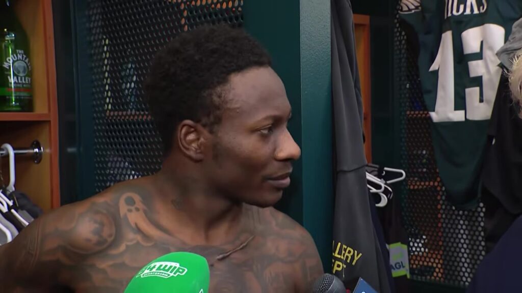 Hollywood Brown speaks to reporters in the Eagles locker room on October 23, 2026