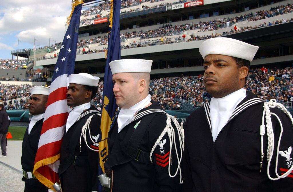 Navy color guard at Lincoln Financial Field before an Eagles game against the Panthers