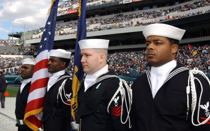 Navy color guard at Lincoln Financial Field before an Eagles game against the Panthers