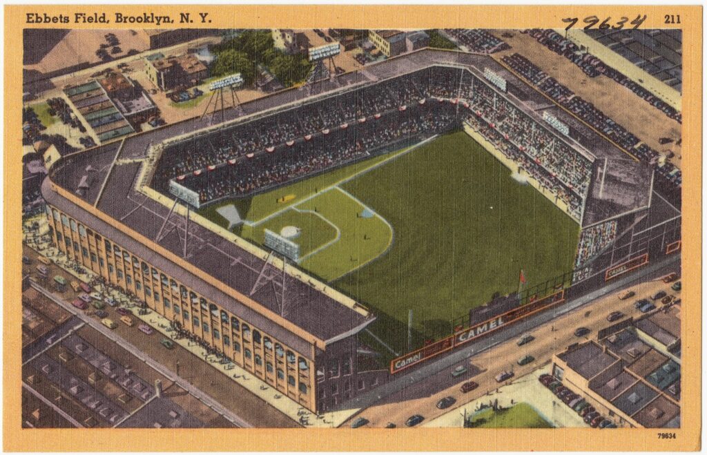Color postcard view of Ebbets Field in Brooklyn with the grandstand and outfield beyond