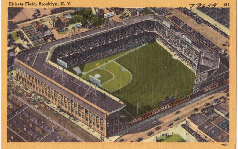 Color postcard view of Ebbets Field in Brooklyn with the grandstand and outfield beyond