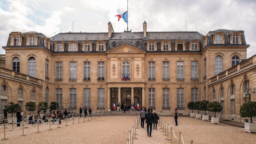 The main courtyard and facade of the Élysée Palace in Paris with the French flag on the roof