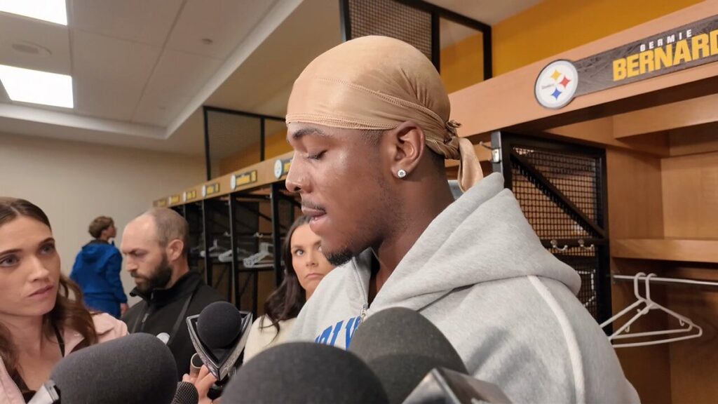 Germie Bernard speaks to reporters in the Steelers locker room