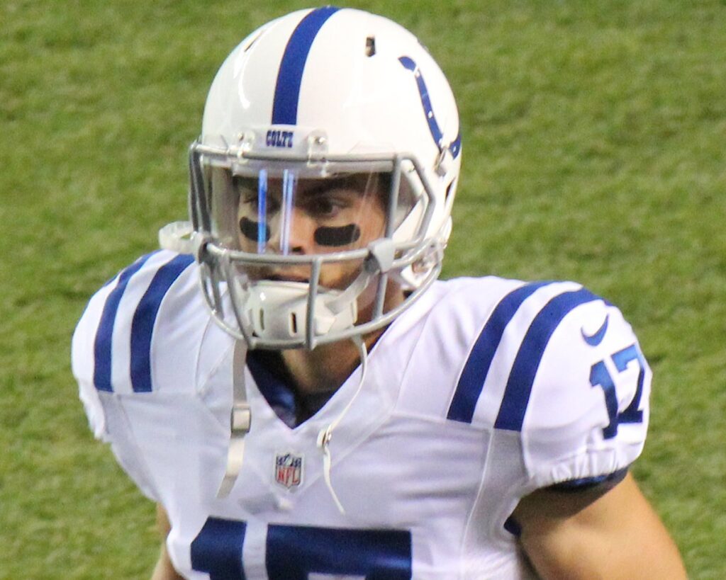 Indianapolis Colts receiver Griff Whalen, number 17, in a white Colts uniform and helmet on the field in 2014