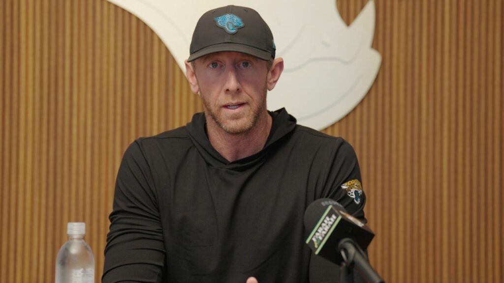 Liam Coen at a press conference, Jacksonville Jaguars, October 19, 2026