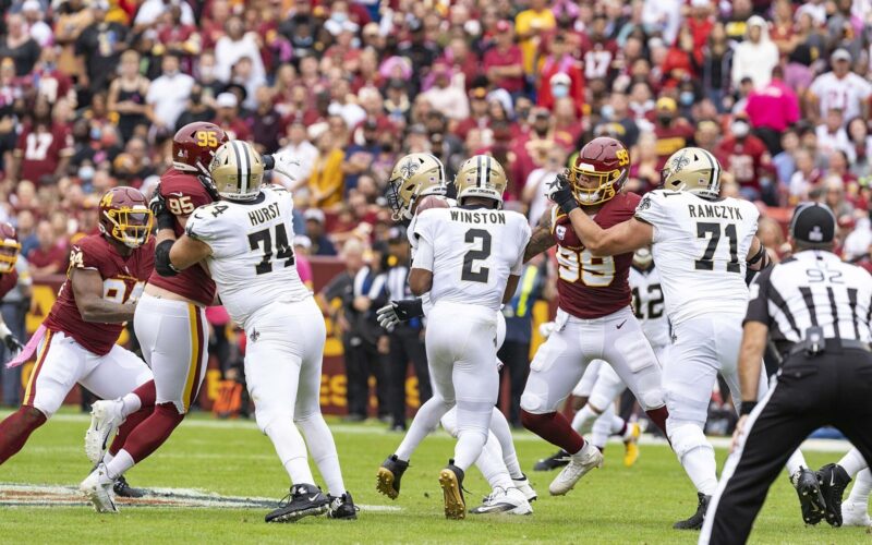 Jameis Winston drops back to pass for the New Orleans Saints against Washington in October 2021