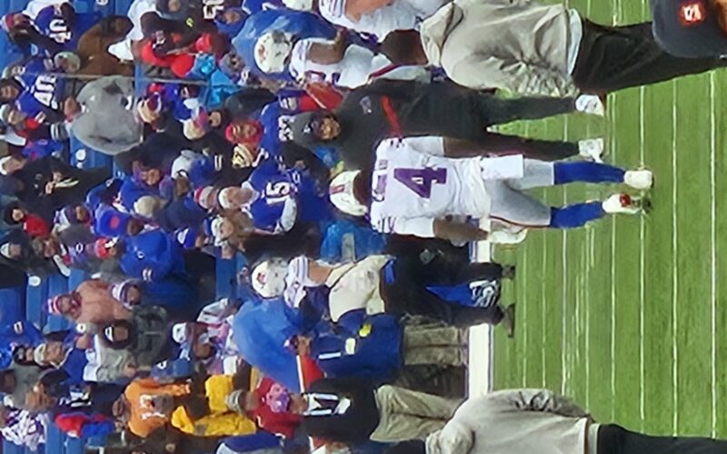 James Cook of the Buffalo Bills warming up before a game