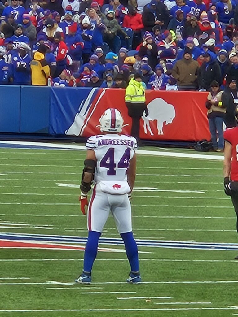 Joe Andreessen seen from behind in his white Buffalo Bills No. 44 uniform on the field in November 2025.