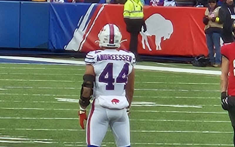 Joe Andreessen seen from behind in his white Buffalo Bills No. 44 uniform on the field in November 2025.