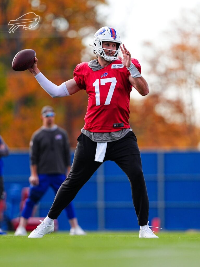 Josh Allen throws at Bills practice