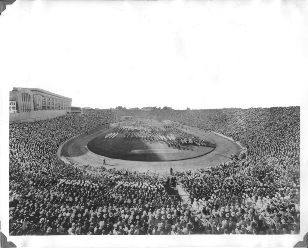 Archival black-and-white view of a packed Kezar Stadium in San Francisco's Golden Gate Park