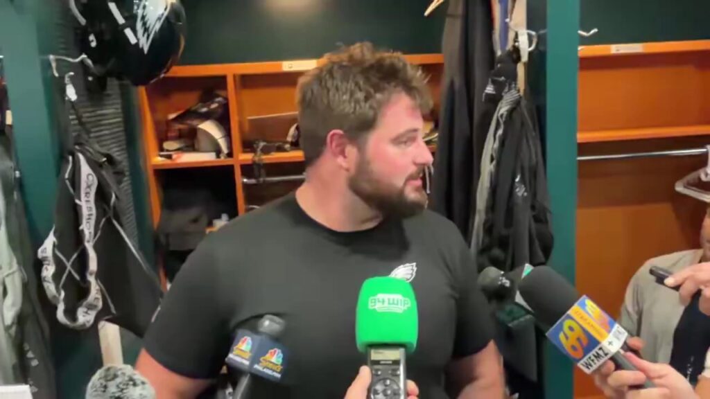 Landon Dickerson of the Philadelphia Eagles speaks after practice