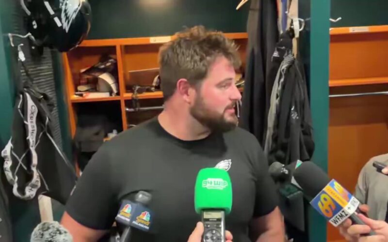 Landon Dickerson of the Philadelphia Eagles speaks after practice