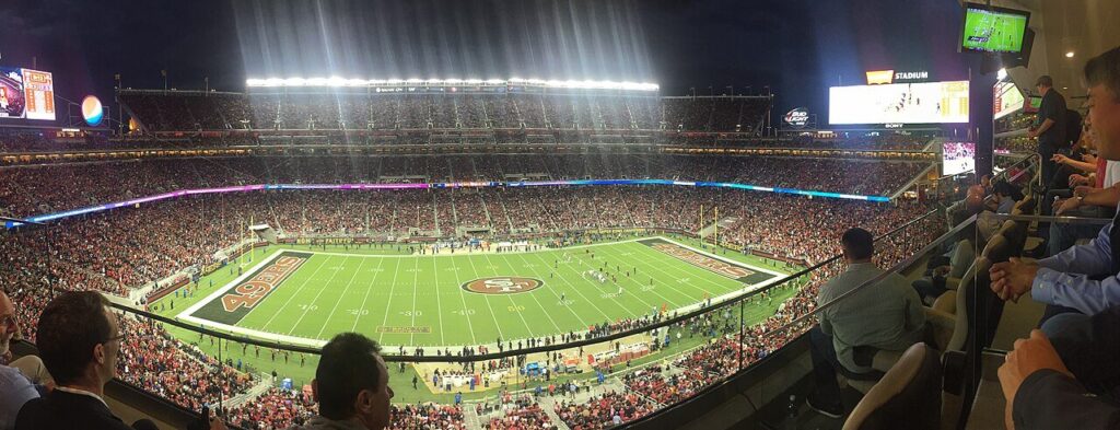 A full Levi's Stadium under the lights during a 49ers Monday night game