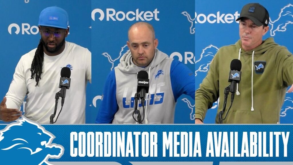 Detroit Lions coordinators Kelvin Sheppard, Drew Petzing and Dave Fipp at their press conferences, October 29, 2026
