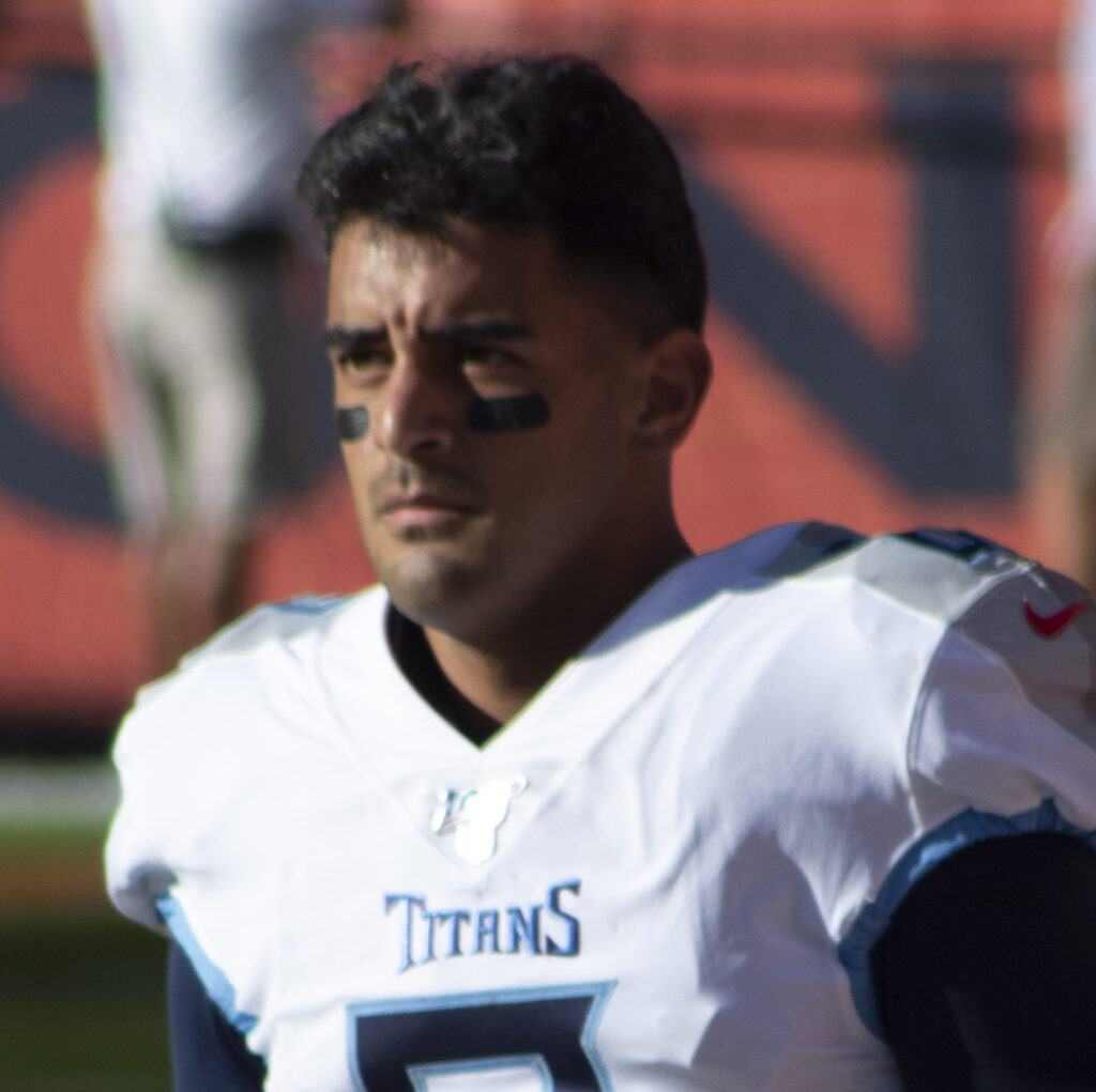 Marcus Mariota wearing a Tennessee Titans uniform in Denver in 2019
