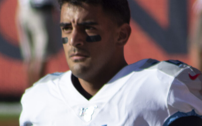 Marcus Mariota wearing a Tennessee Titans uniform in Denver in 2019