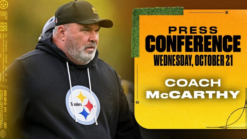 Steelers head coach Mike McCarthy in a black Steelers hoodie and cap on a press conference title card dated Wednesday, October 21