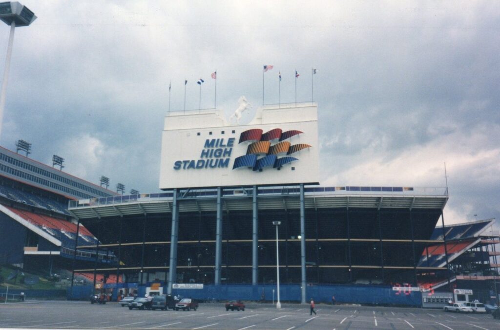 Mile High Stadium scoreboard and south stands in Denver in 1994