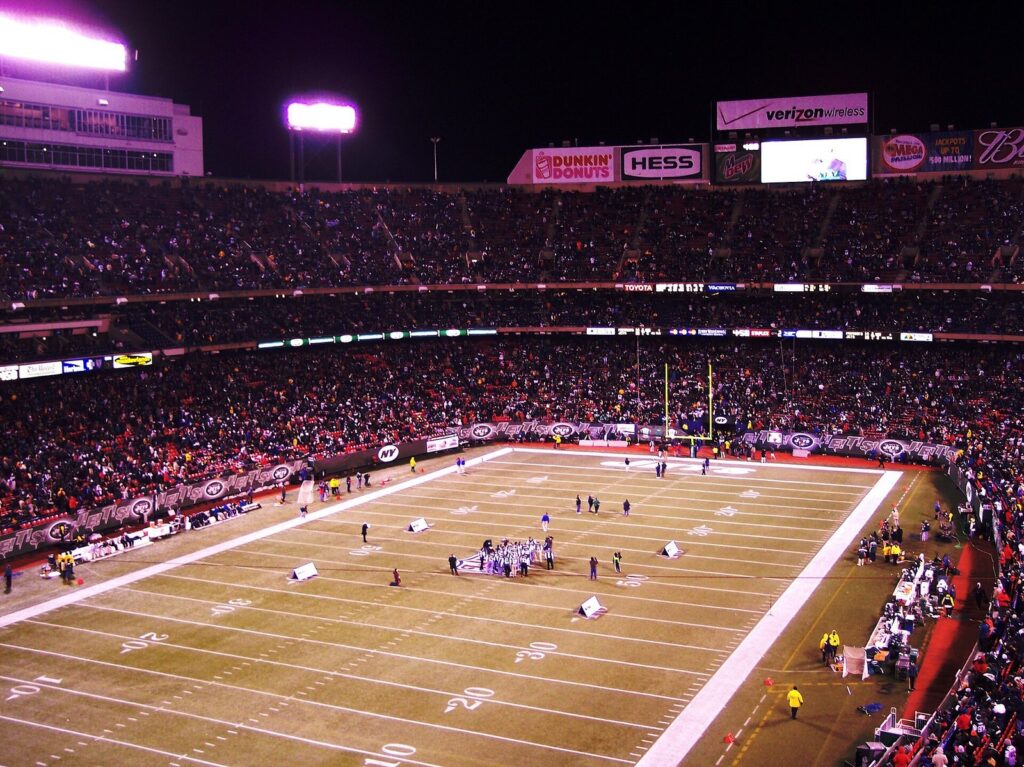 The field at Giants Stadium during a night game, with Jets end-zone banners and a full crowd
