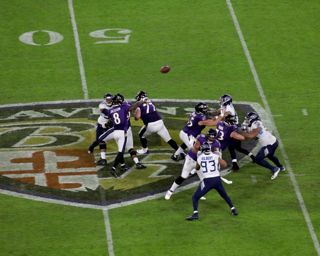 Baltimore Ravens quarterback Lamar Jackson releases a pass against the Tennessee Titans