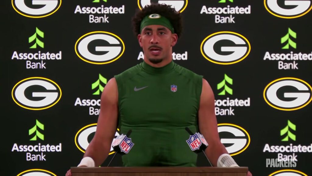 Packers quarterback Jordan Love speaks at a press conference after the win over the Panthers