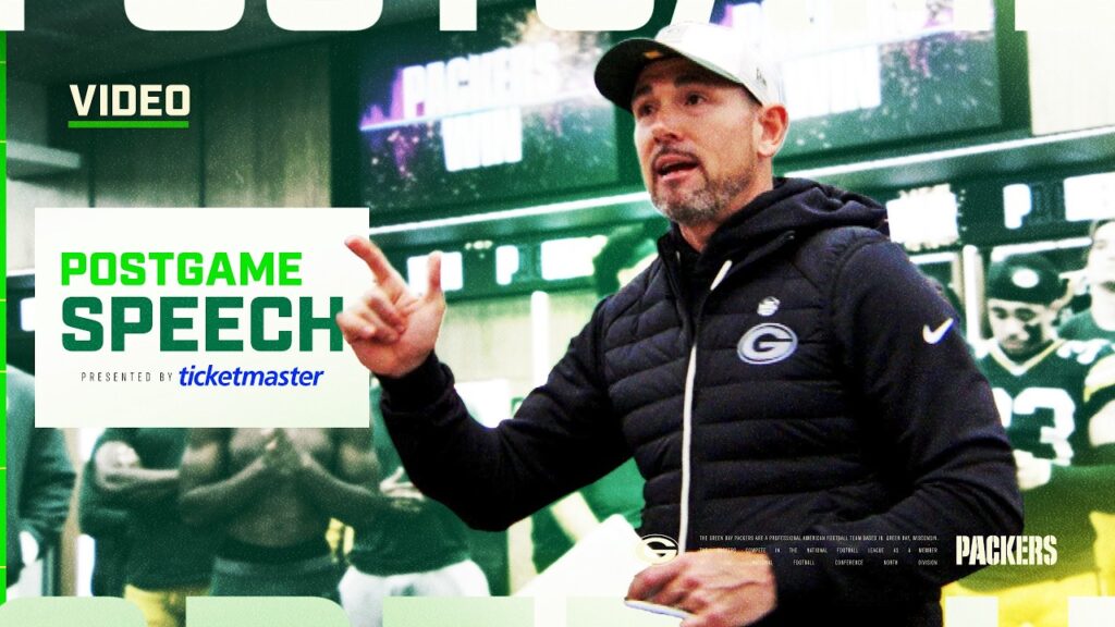 Matt LaFleur speaks to Packers players in the locker room after the win over the Panthers, October 29, 2026